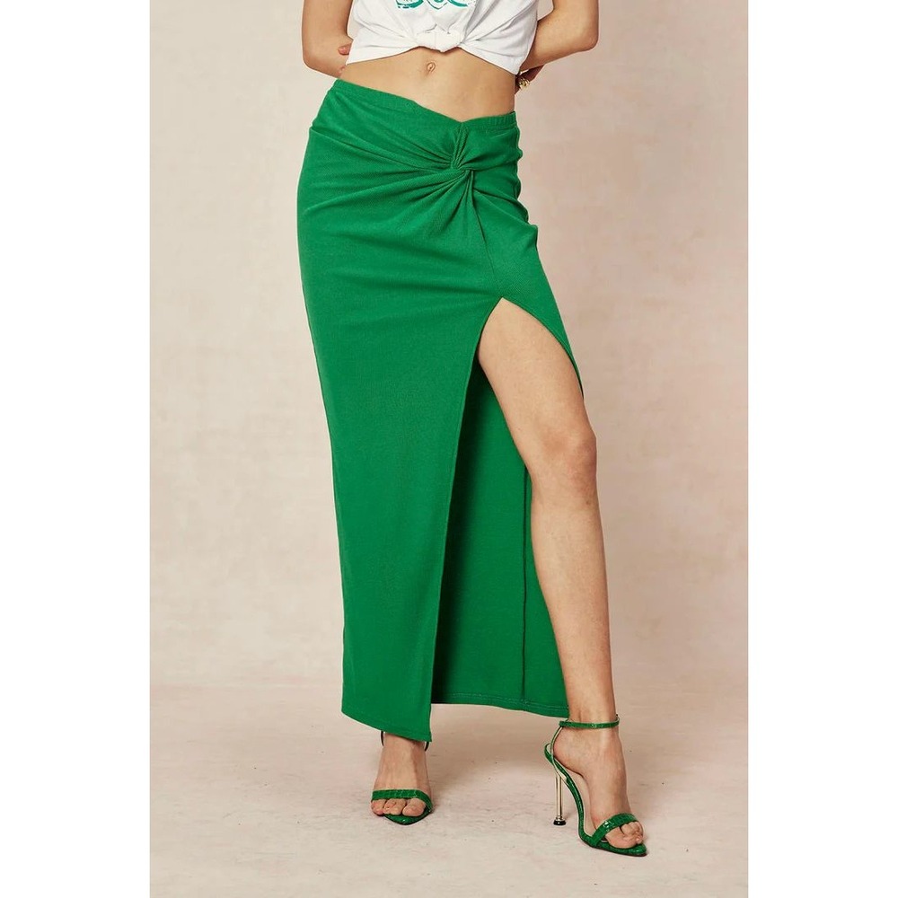Micas Knee Length Green Skirt High‎ Slit Twist Front Fitted Maxi Size XS